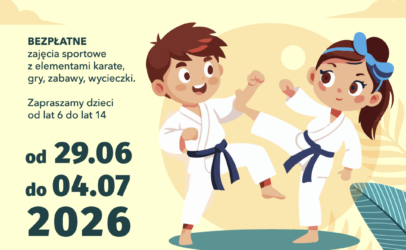 afisz wakacyjna przygoda z findacją orlen rysunek uśmiechnietego chłopca i dziewczynki w karategi udających walkę, na dole grafiki po lewej stronie logo włocławskiego klubu karate kjokuszin a po prawej fundacji orlen z treścią zadanie sfinansowano ze środków fundacji oralen są też szzegółowe daty miejsce i wiek 6 do 14 lat